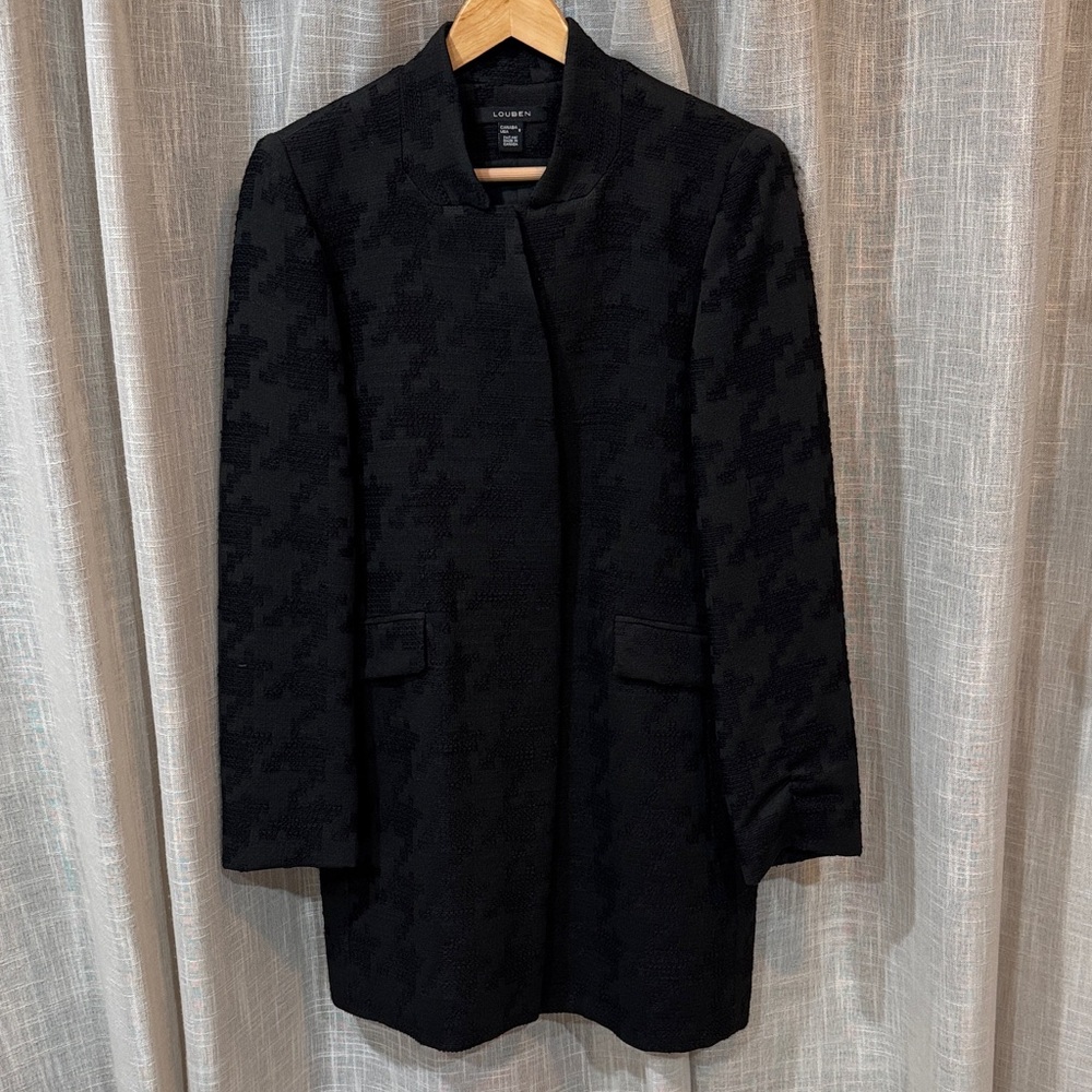 Black Houndstooth Collarless Trench Coat